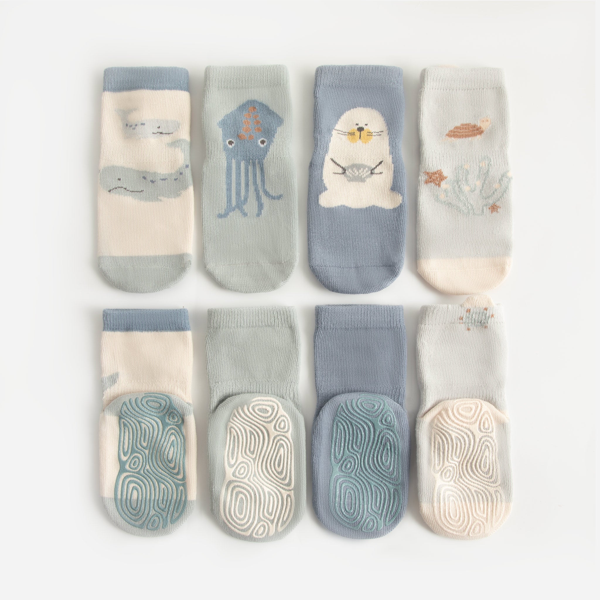 New- Into The Sea- Blue- 4 Pairs of Stay-On Baby & Toddler Non-Slip Socks