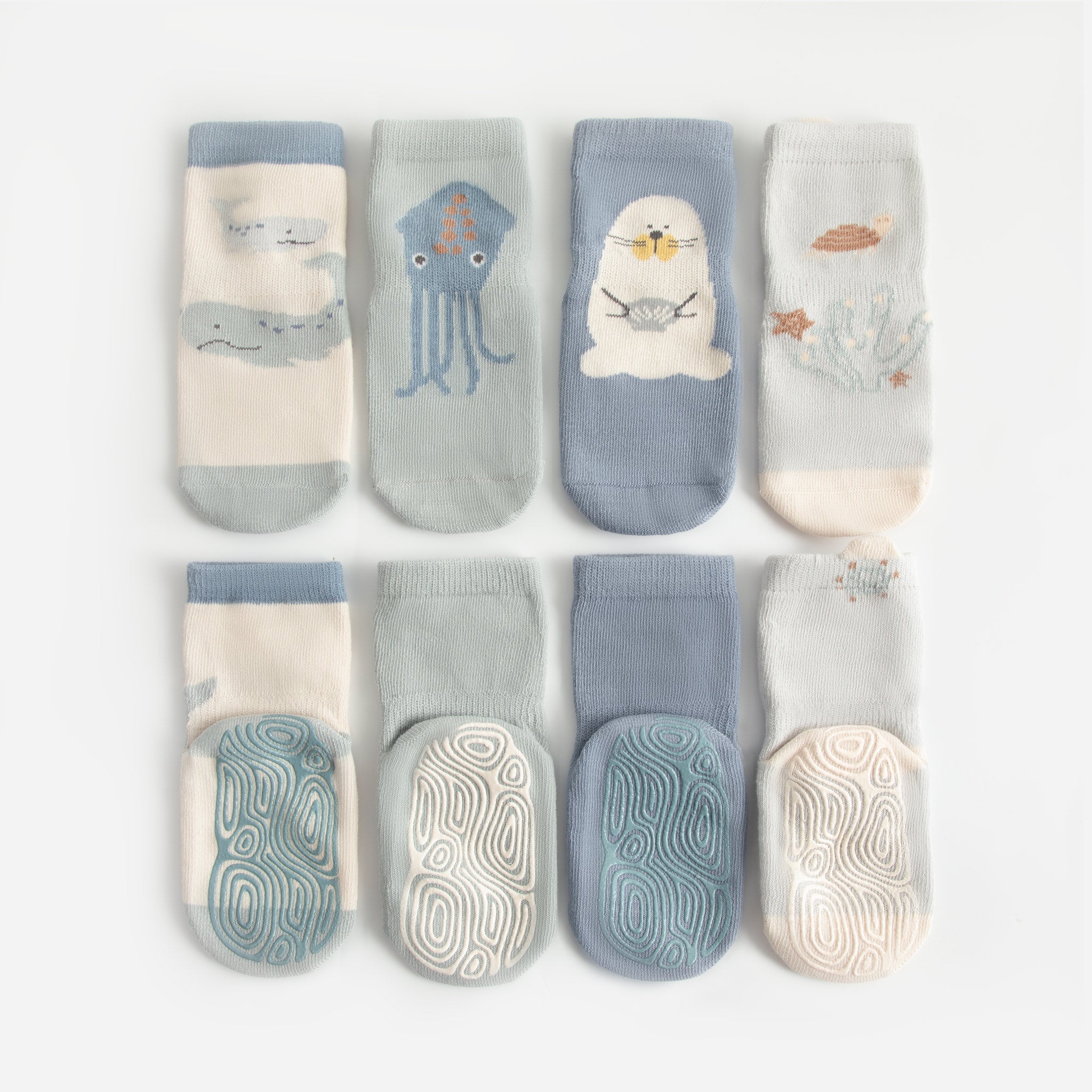 New- Into The Sea- Blue- 4 Pairs of Stay-On Baby & Toddler Non-Slip Socks