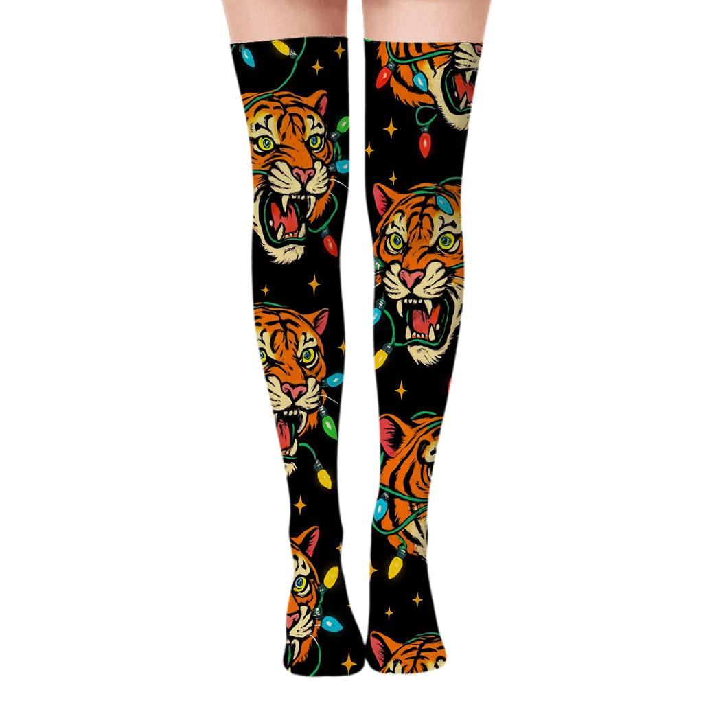 Christmas Light Tiger Pop Art Scatter on Black Background Over-the-Knee Socks