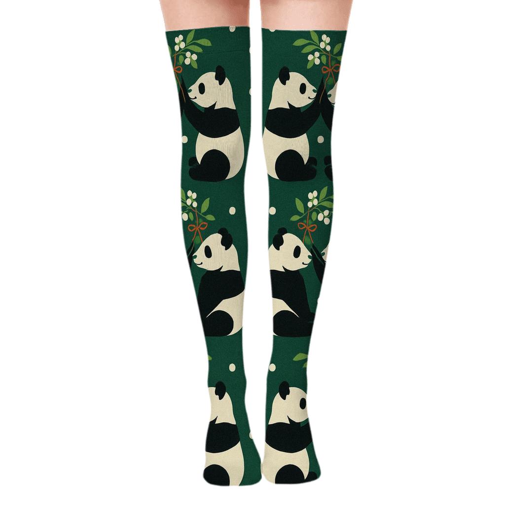 Mistletoe Panda Mirror Pair on Green Background Over-the-Knee Socks