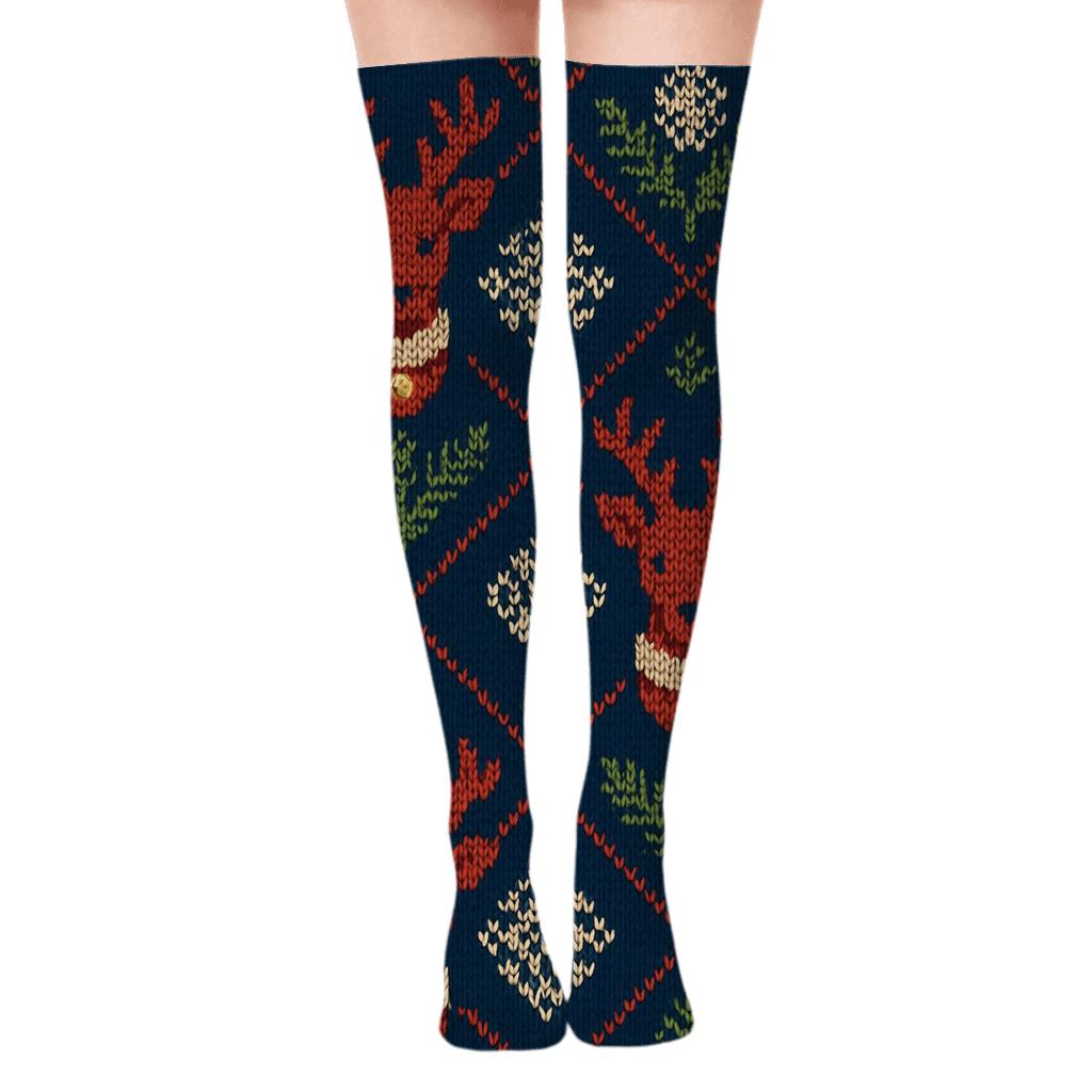 Knitted Fair Isle Holiday Reindeer Lattice Over-the-Knee Socks