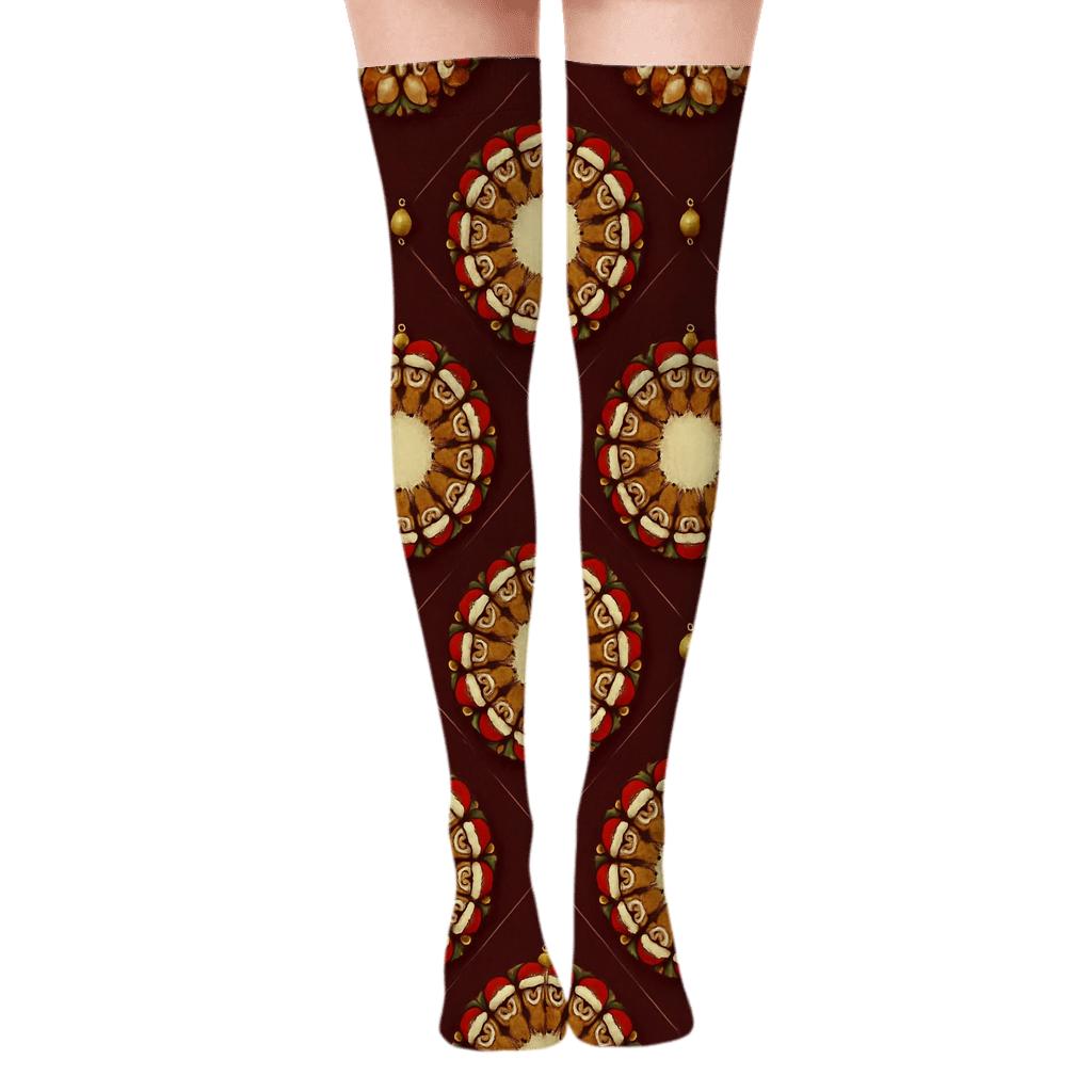 Santa Hat Owl Rosette Tiles on Burgundy Background Over-the-Knee Socks