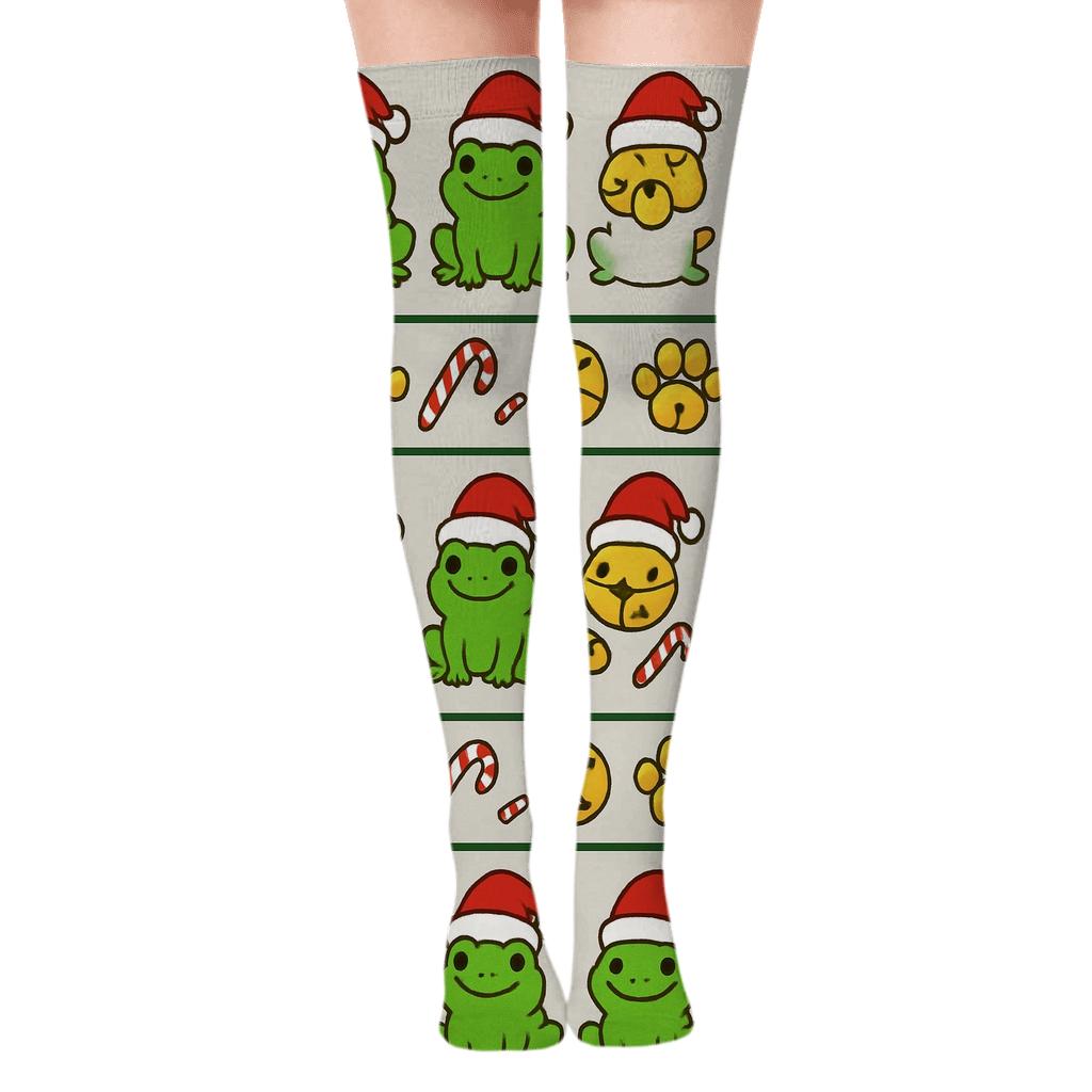 Jingle Bell Frog Paw Band Pattern on Light Gray Background Over-the-Knee Socks