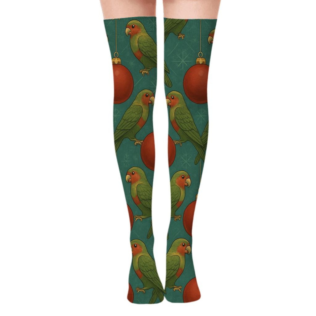 Parrot Ornament Chain Lattice on Teal Background Over-the-Knee Socks