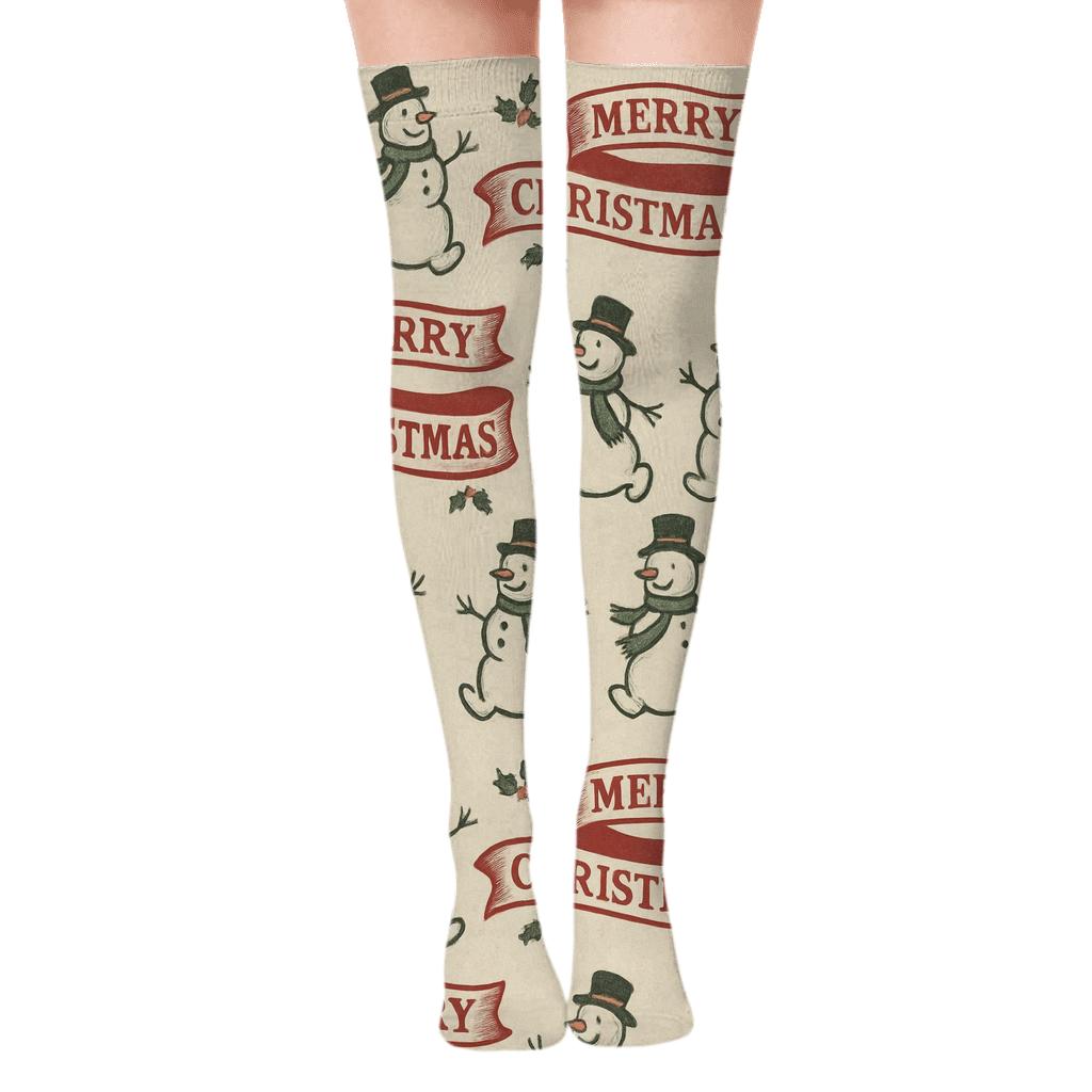 Vintage Poster Snowman Parade Holiday Bands Over-the-Knee Socks