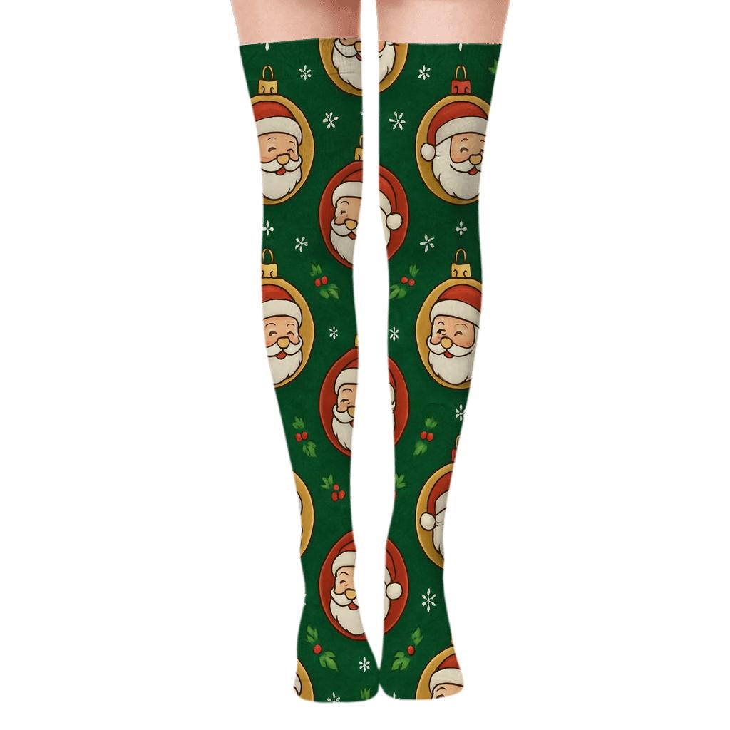 Mirrored Santa Spotlight in Christmas Ornament Medallions Over-the-Knee Socks