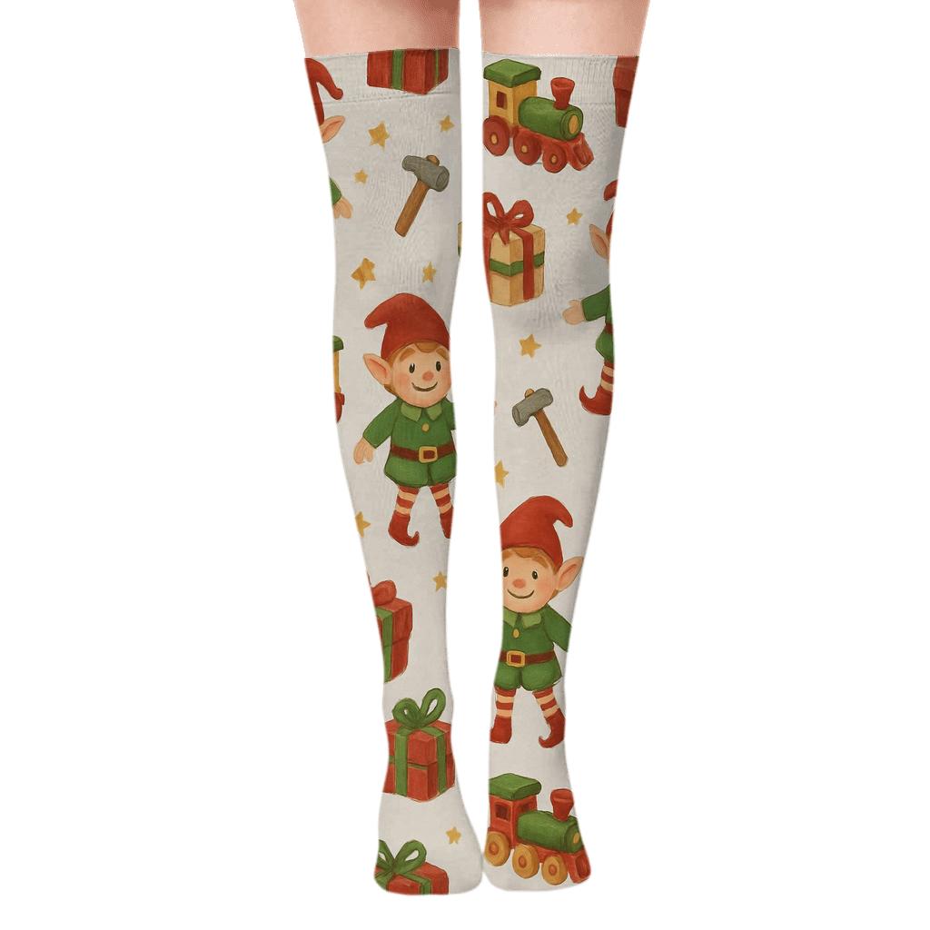 Holiday Elf Workshop Scatter on Light Gray Background Over-the-Knee Socks