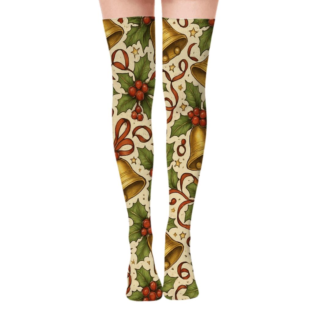 Christmas Bells and Holly Collage Tiles in Warm Gold Over-the-Knee Socks