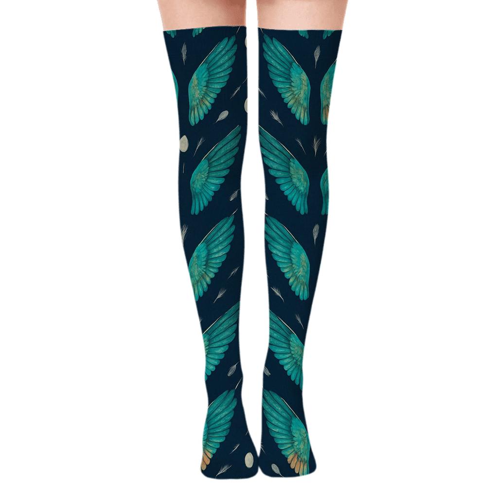Teal Hummingbird Wing Lattice on Midnight Blue Background Over-the-Knee Socks