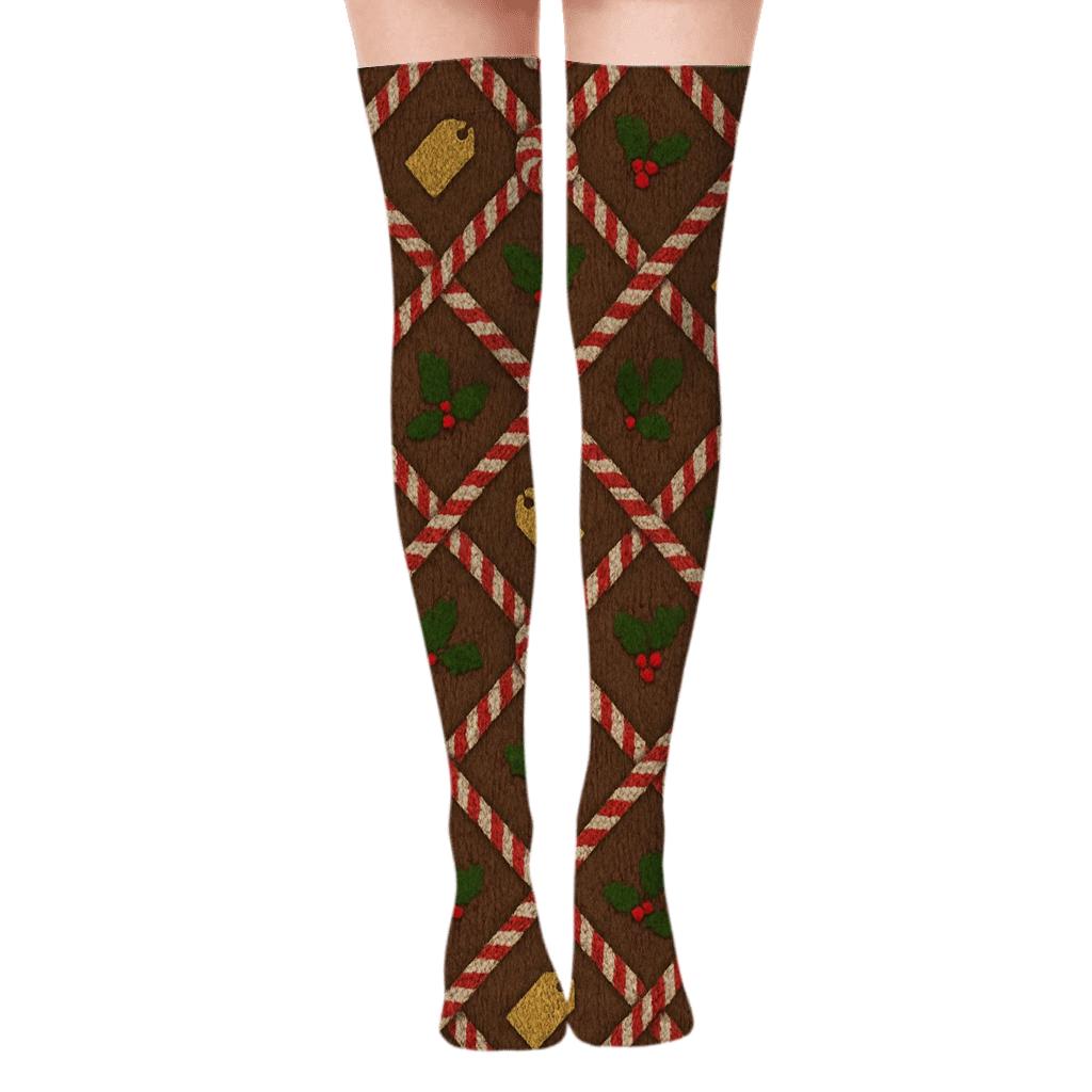 Candy canes Knit Illusion Lattice on Cocoa Brown Over-the-Knee Socks