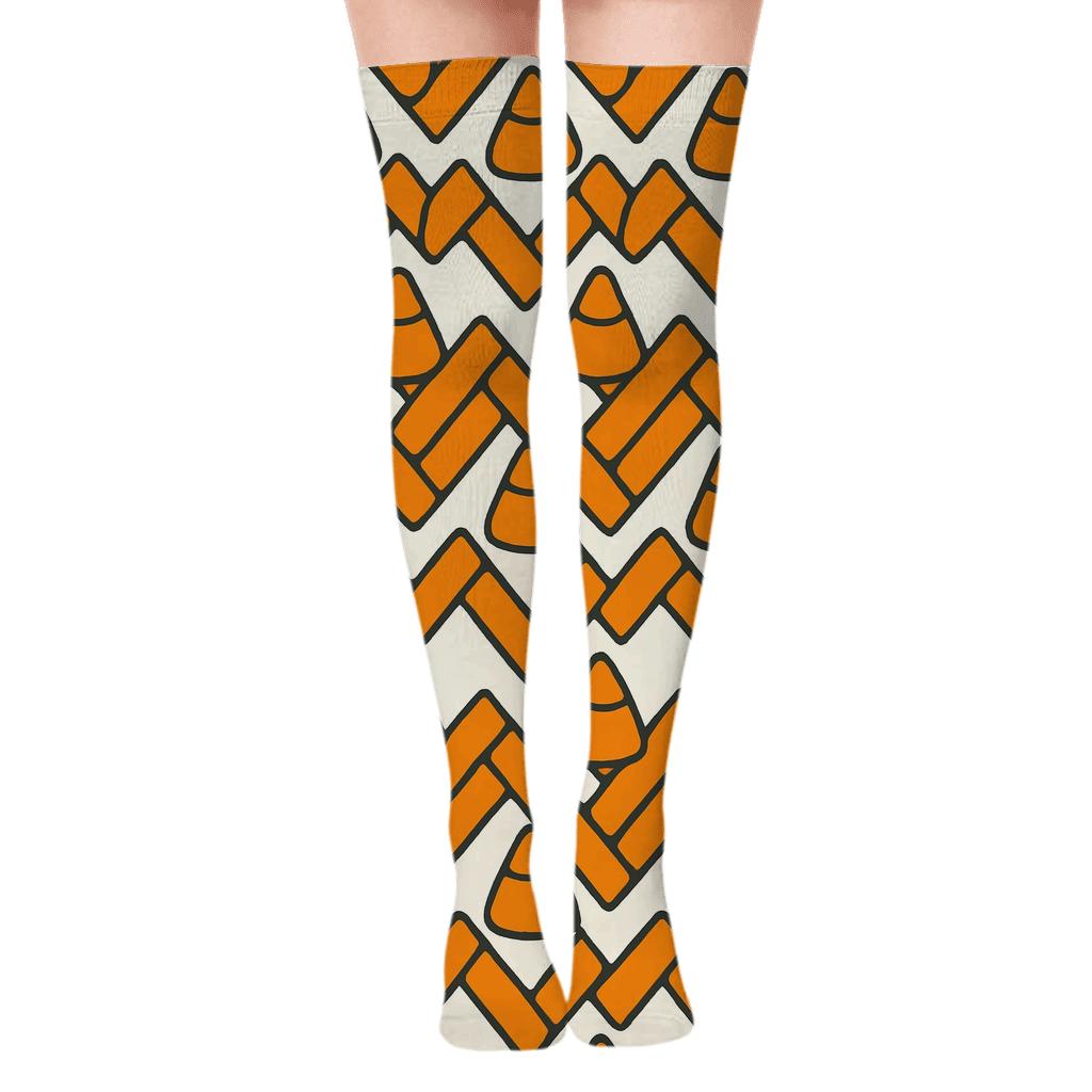 Orange Candy Corn Zigzag Weave on White Background Over-the-Knee Socks