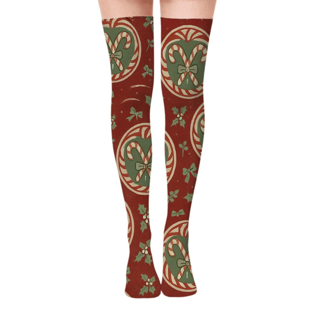 Peppermint Medallions with Candy canes Centerpiece Over-the-Knee Socks