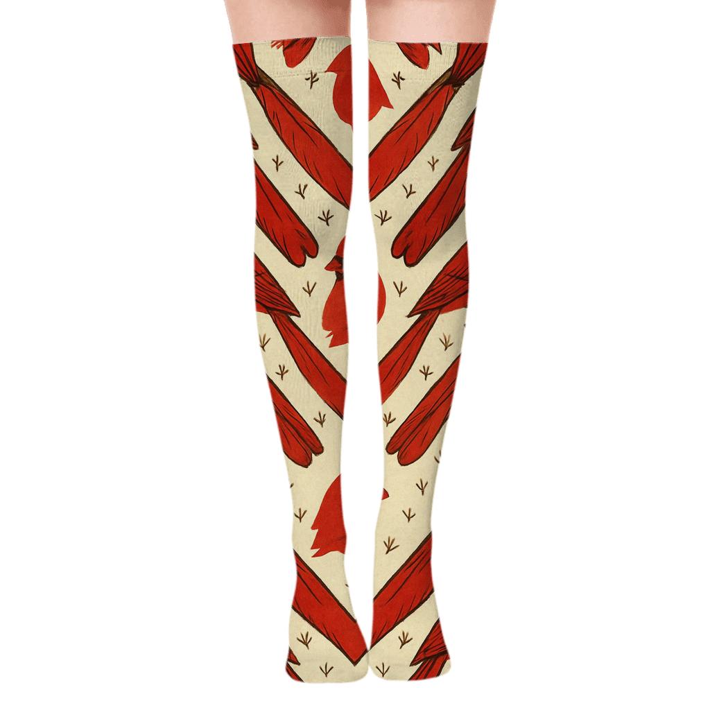 Cardinal Scarlet Feather Chevron on Warm Ivory Background Over-the-Knee Socks