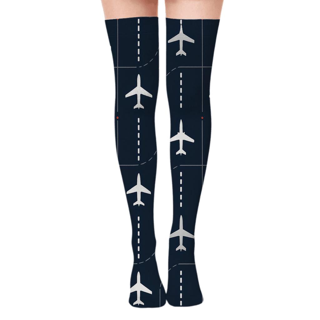 Minimal Runway Tiles with Airplane Icons Over-the-Knee Socks