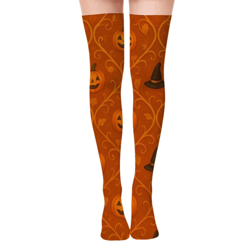 Pumpkin Vine Trellis Lattice on Orange Background Over-the-Knee Socks