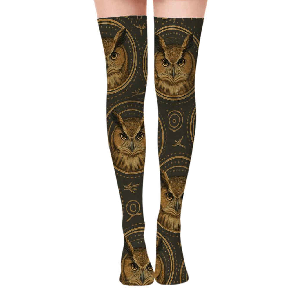 Great Horned Owl Portrait Medallions on Charcoal Background Over-the-Knee Socks