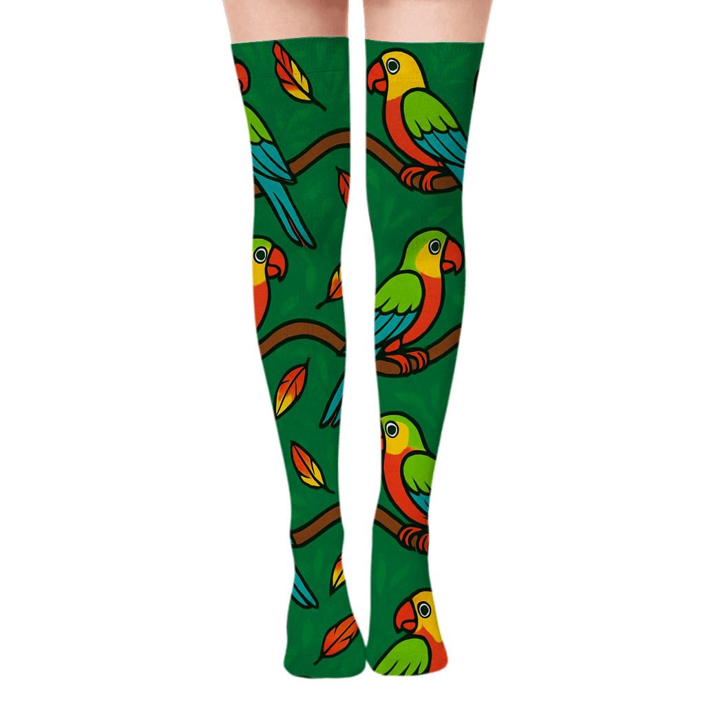 Parrot Tropical Perch Wave on Emerald Green Background Over-the-Knee Socks