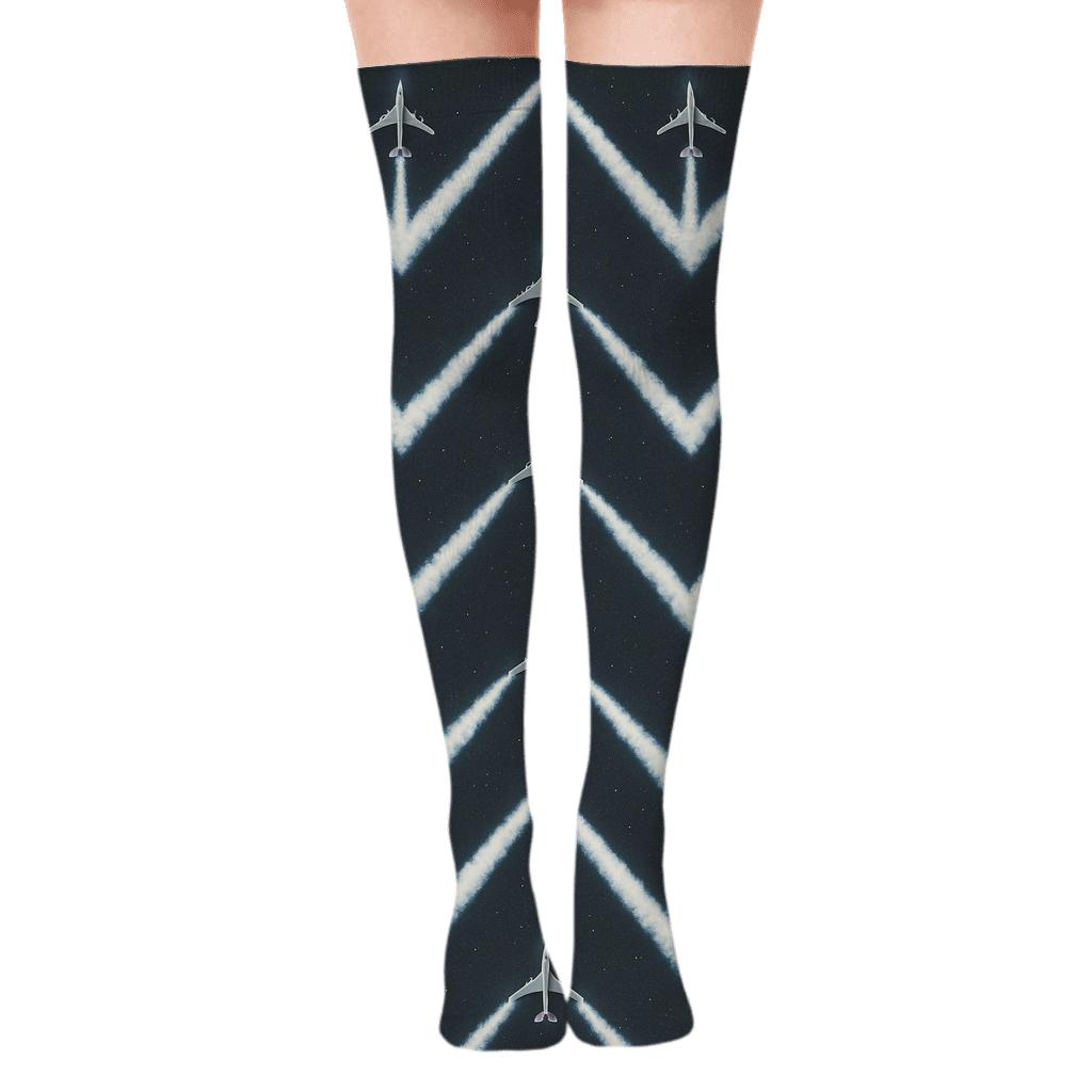 Airplane Contrail Chevron on Charcoal Night Over-the-Knee Socks