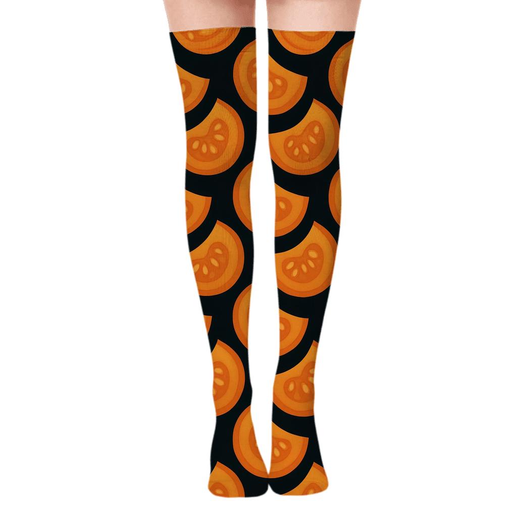Orange Pumpkin Slice Scale Pattern on Black Background Over-the-Knee Socks