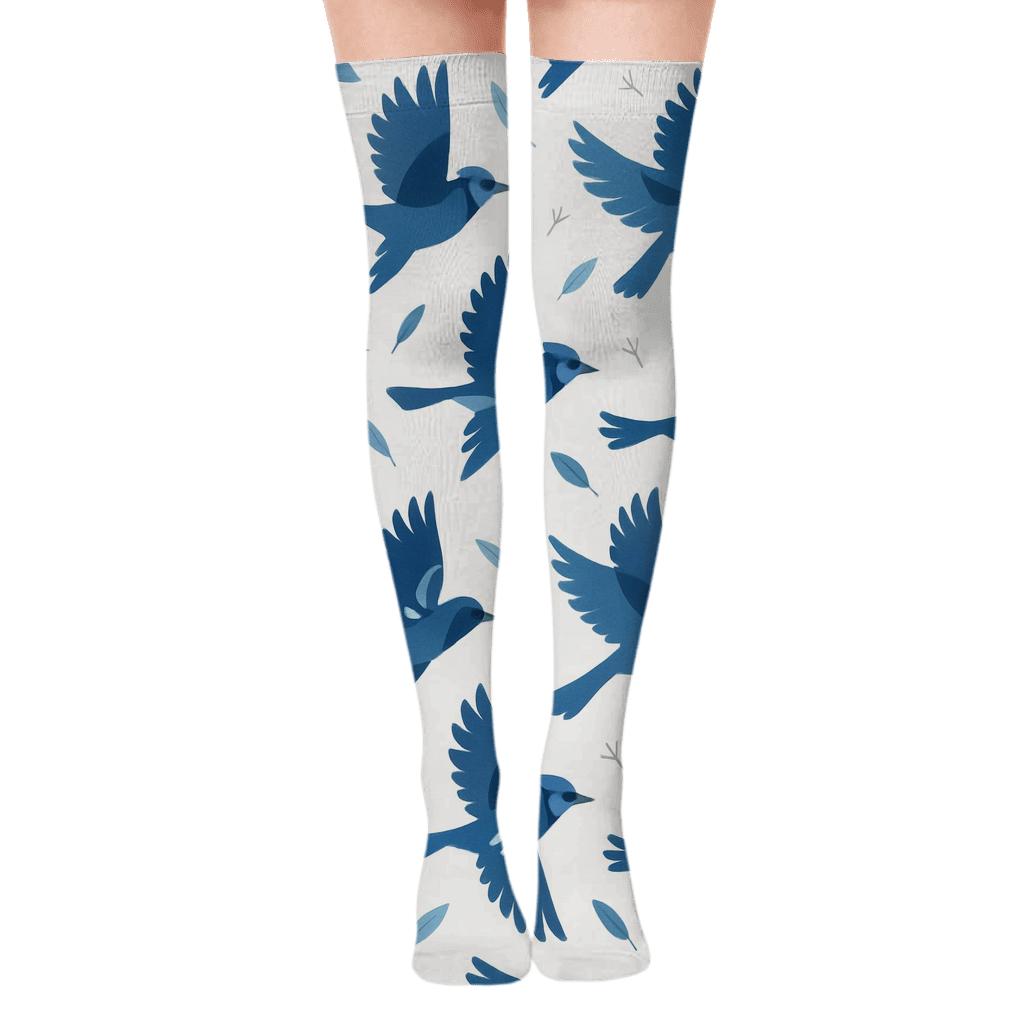 Blue Jay Sky Blue Flight Array on White Background Over-the-Knee Socks
