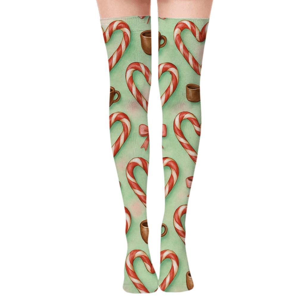 Candy Cane Hearts with Candy canes Accent Tilework Over-the-Knee Socks