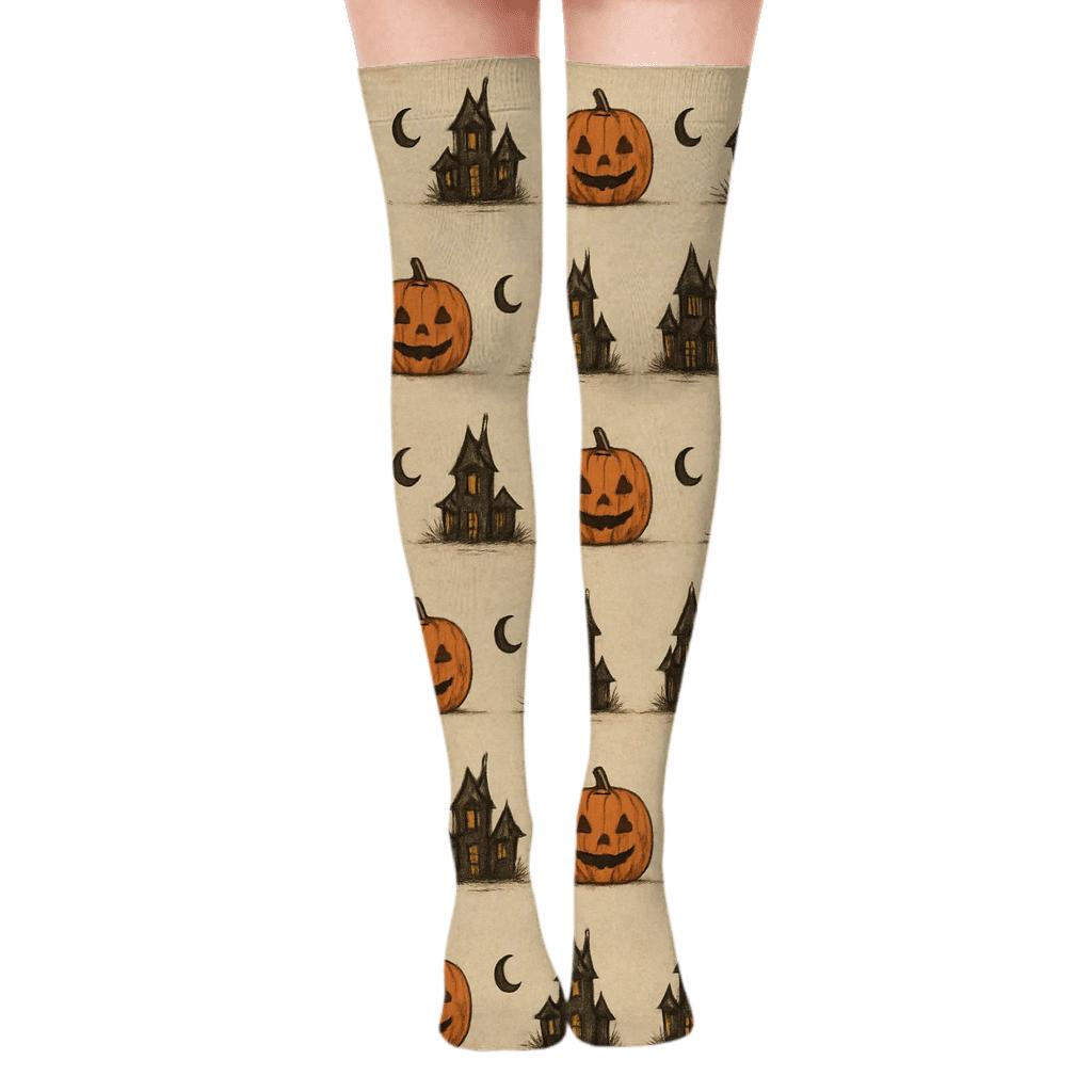 Haunted House Silhouette Border Stripes on Proper Neutral Background Over-the-Knee Socks