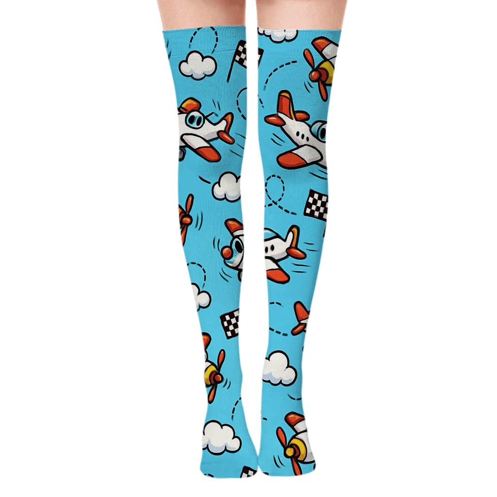 Playful Airplane Race Scatter in Sky Blue Over-the-Knee Socks