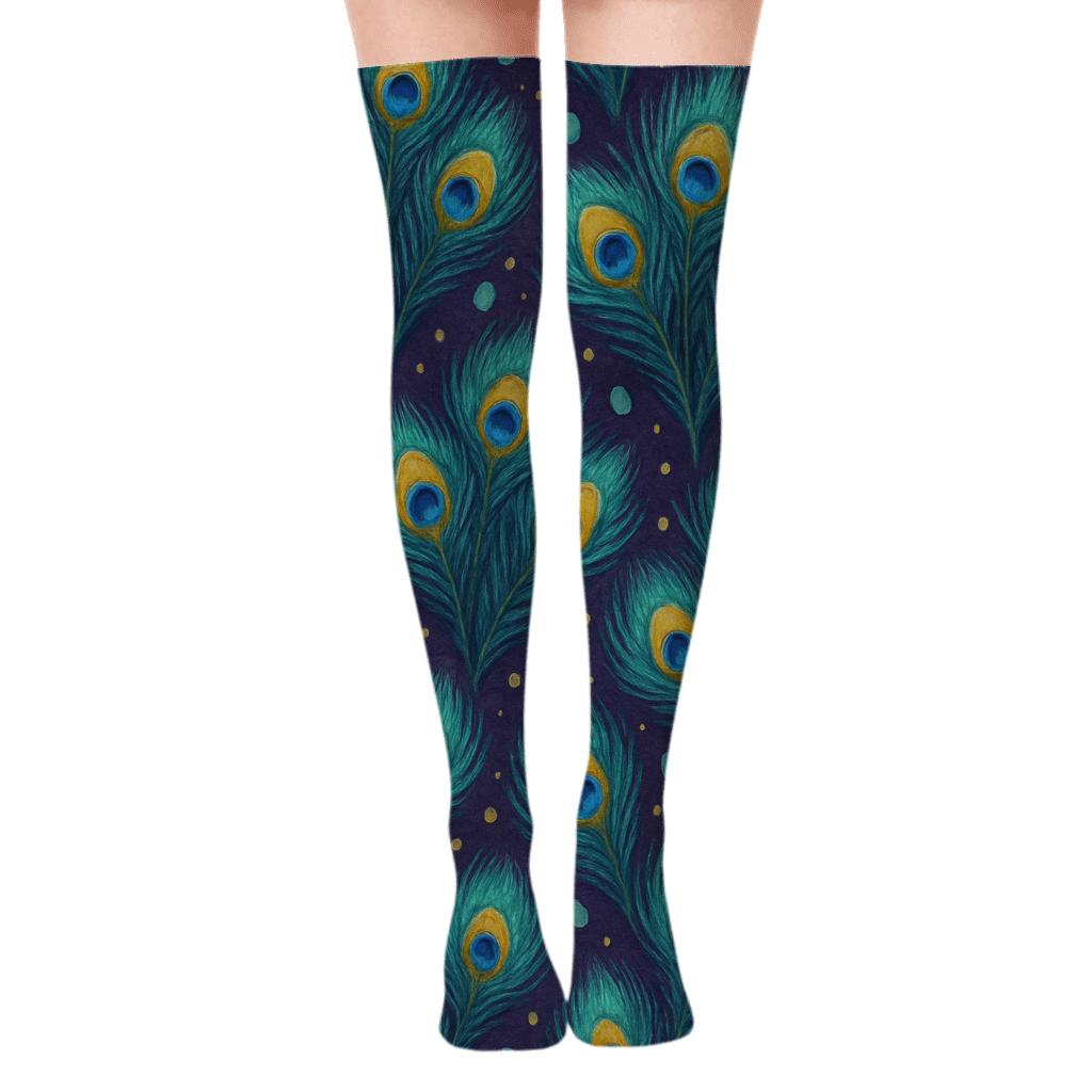 Peacock Eye Feather Radial Tiles on Deep Purple Background Over-the-Knee Socks