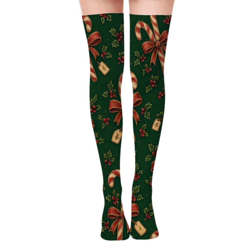 Ribbon Wrapped Candy canes on Deep Green Vignette Wrap Over-the-Knee Socks