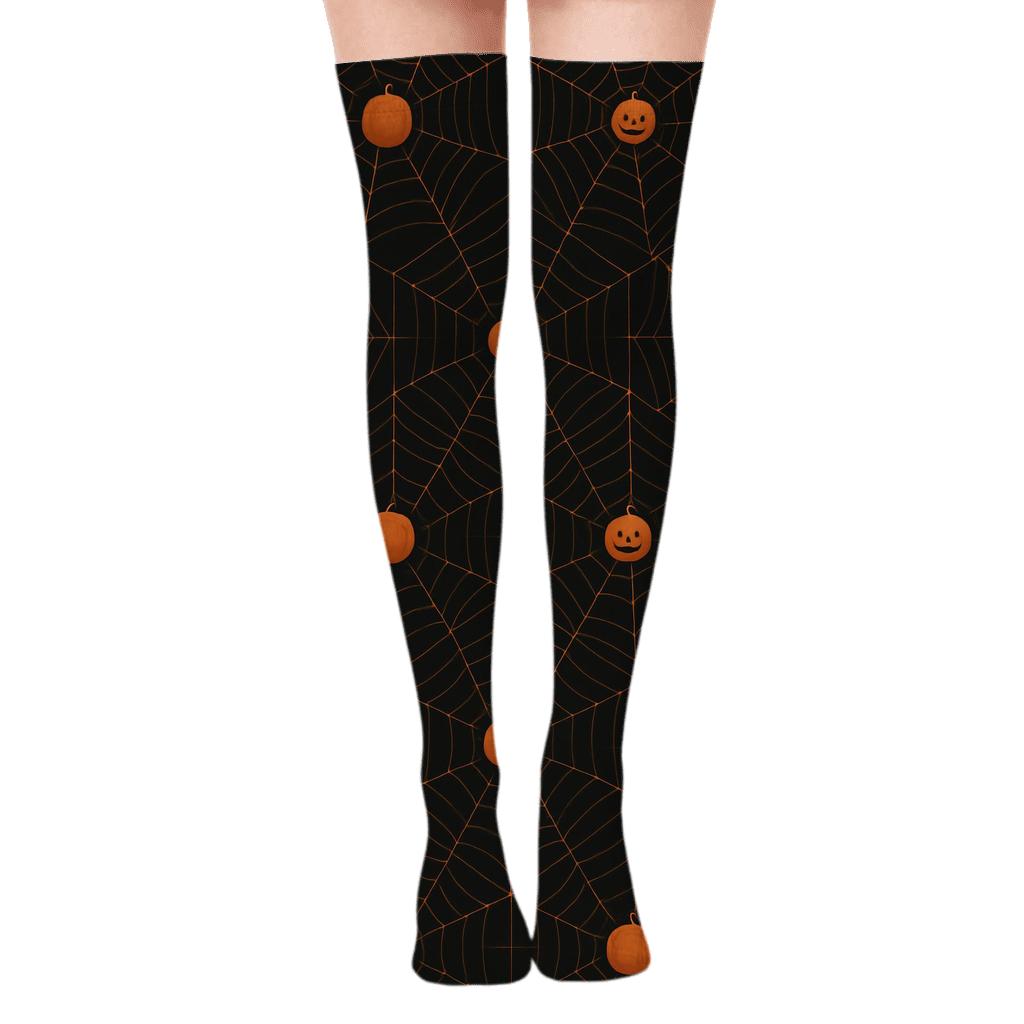 Spider Web Overlay with Pumpkin Dots on Black Background Over-the-Knee Socks