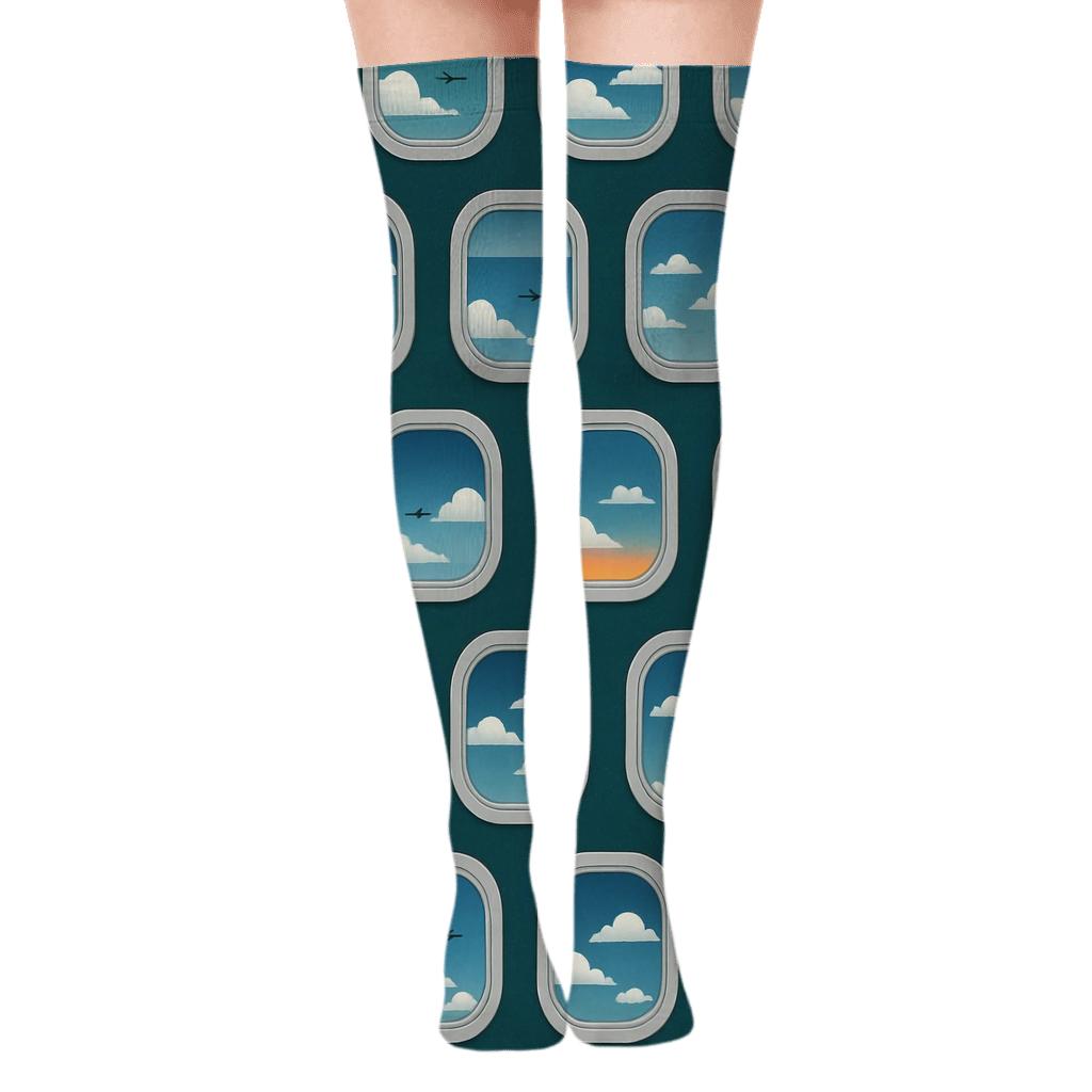 Airplane Window Grid in Deep Teal Twilight Over-the-Knee Socks