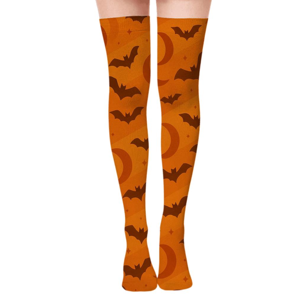Crescent Moon and Bat Diagonal Array on Orange Background Over-the-Knee Socks