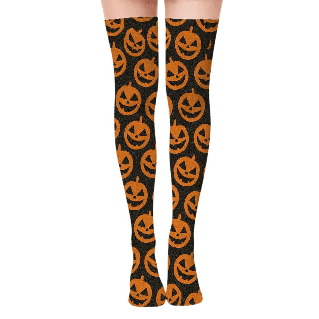 Jack o Lantern Smile Micro Texture on Black Background Over-the-Knee Socks