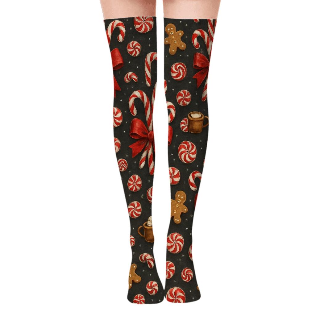 Festive Collage Candy canes Bouquet Repeat on Charcoal Over-the-Knee Socks