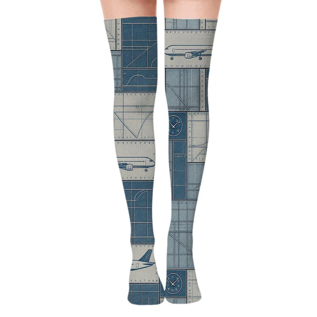 Collage Airplane Blueprint Patchwork Over-the-Knee Socks