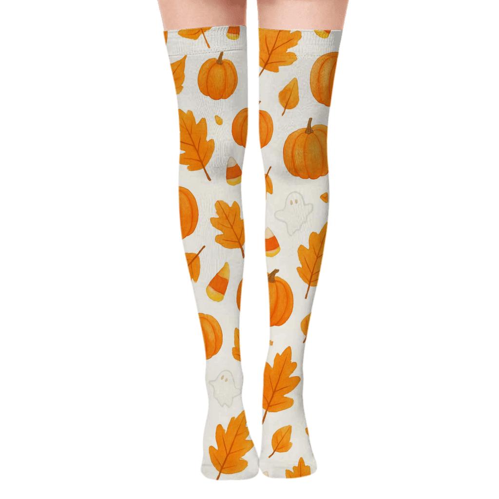 Autumn Leaf and Pumpkin Confetti Scatter on White Background Over-the-Knee Socks
