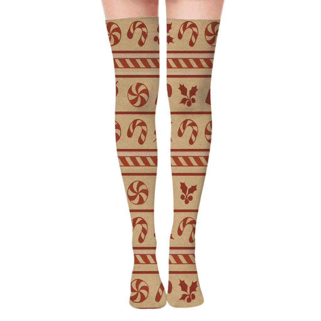 Vintage Poster Candy canes Border Stripe on Beige Over-the-Knee Socks