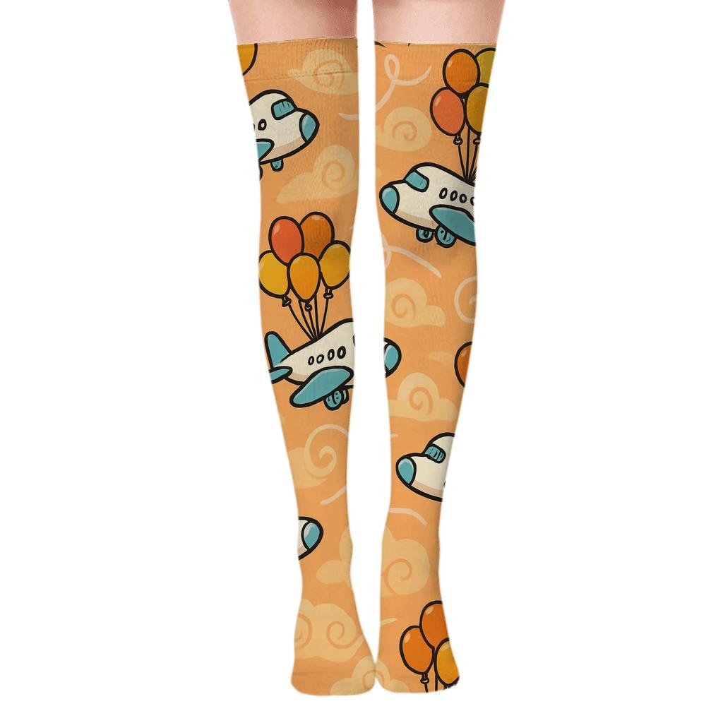 Airplane Balloon Buddy Pattern on Peach Sunset Over-the-Knee Socks