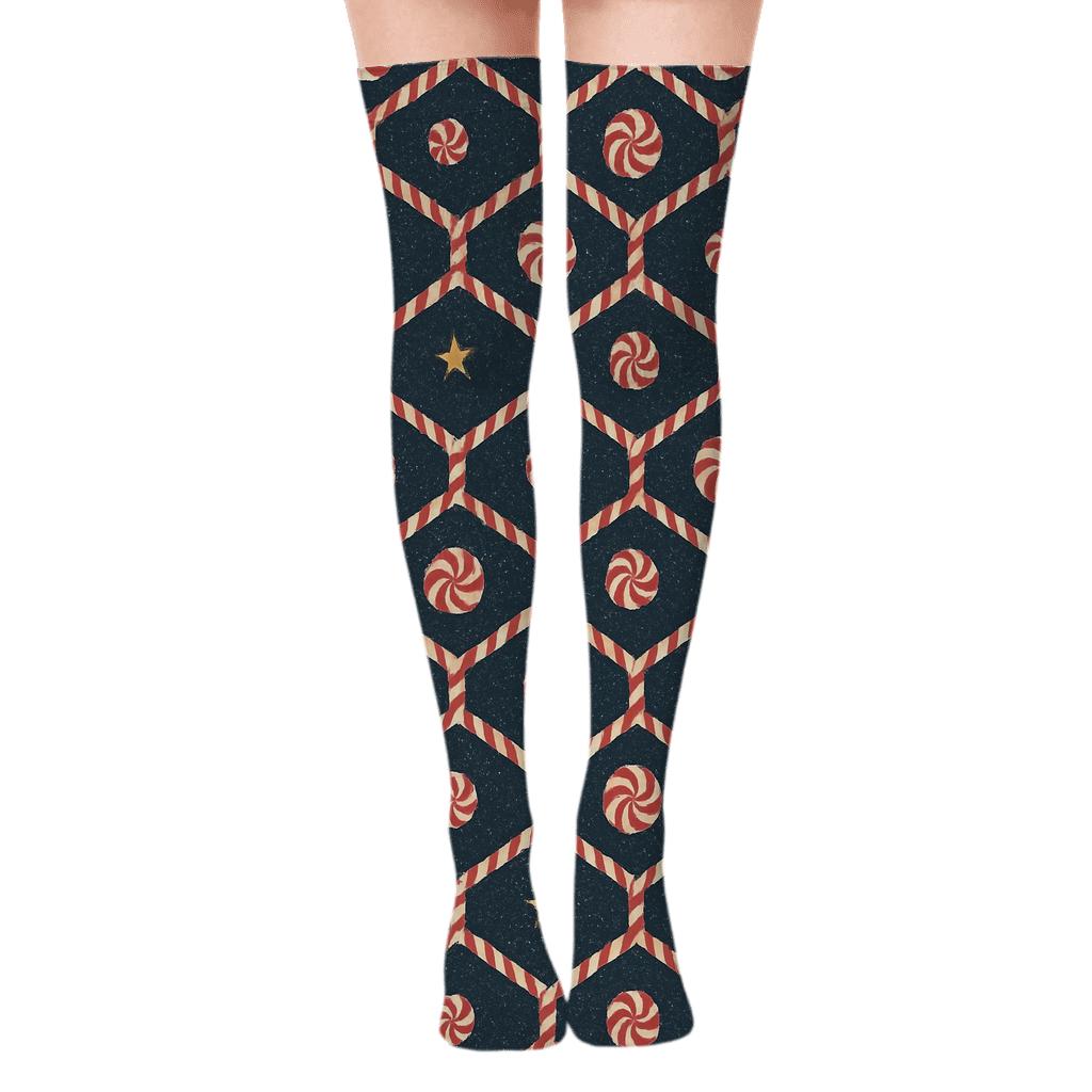 Candy Cane Lattice with Candy canes Micro Texture on Navy Over-the-Knee Socks