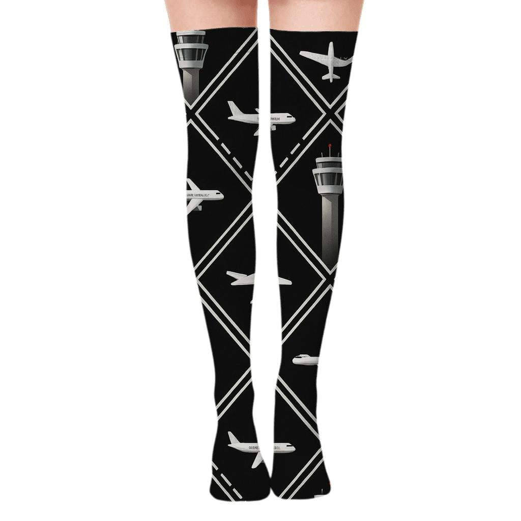 Airplane Tower and Runway Lattice in Black Over-the-Knee Socks