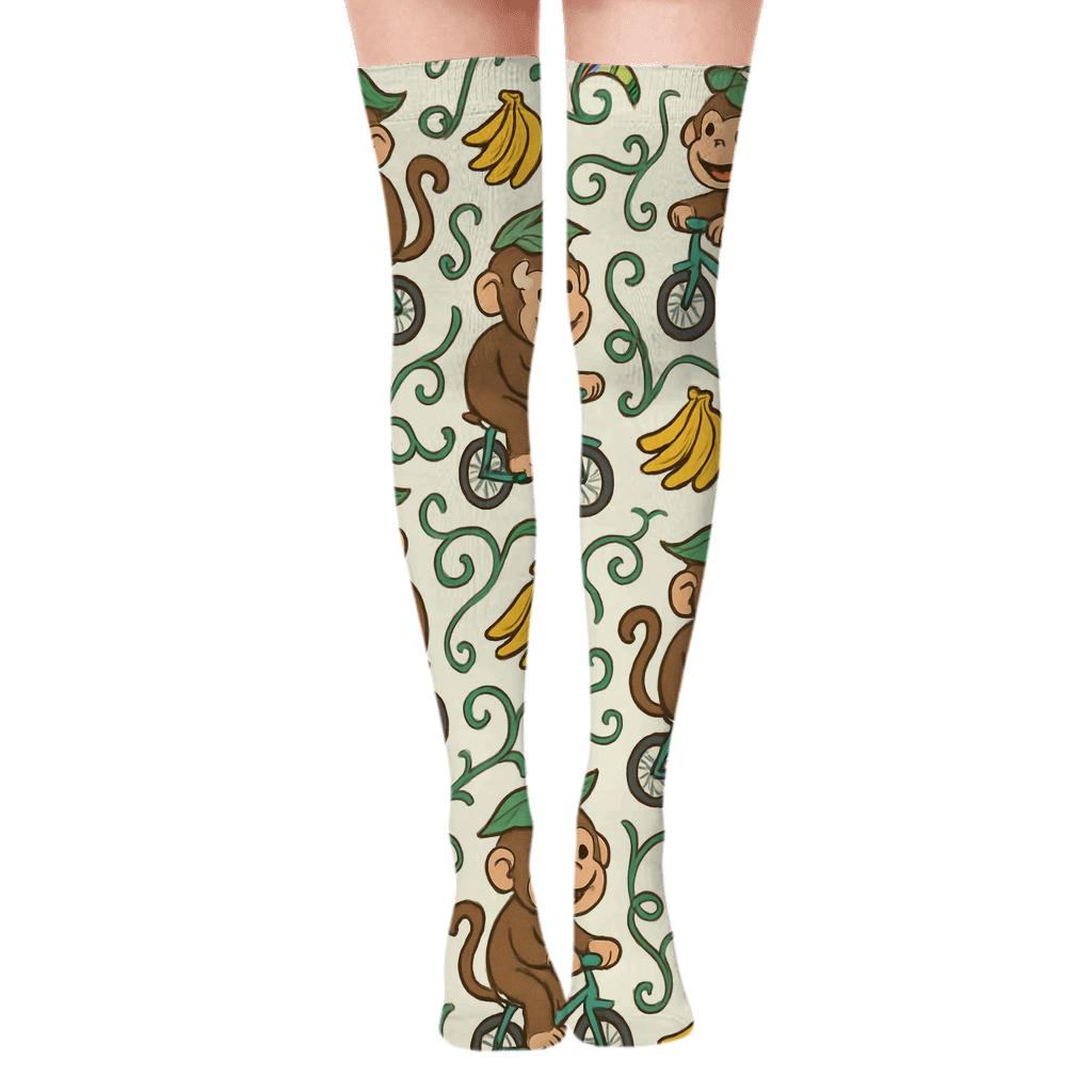Jungle Bicycle Parade with Ape Motifs Over-the-Knee Socks