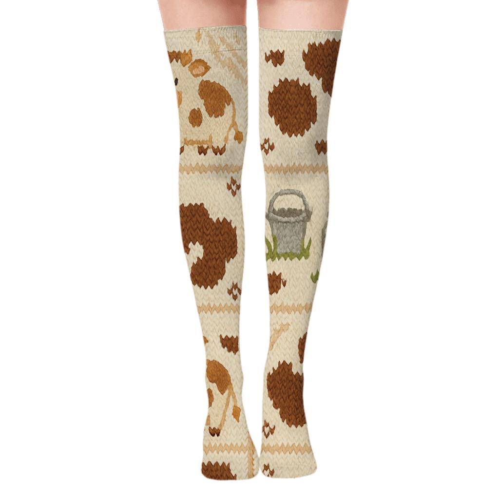 Knitted Meadow Cow Patchwork Over-the-Knee Socks