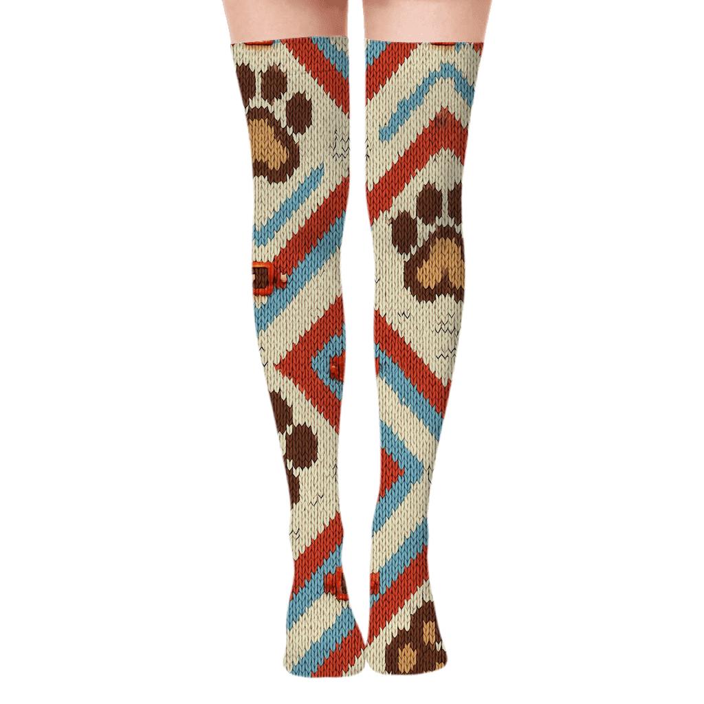 Knitted Dog Paw Chevron on Cream Over-the-Knee Socks