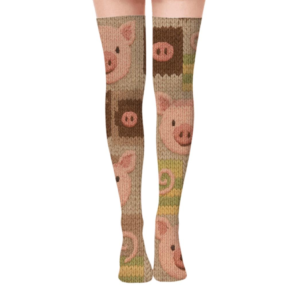 Knit Illusion Pig Patchwork Parade Over-the-Knee Socks