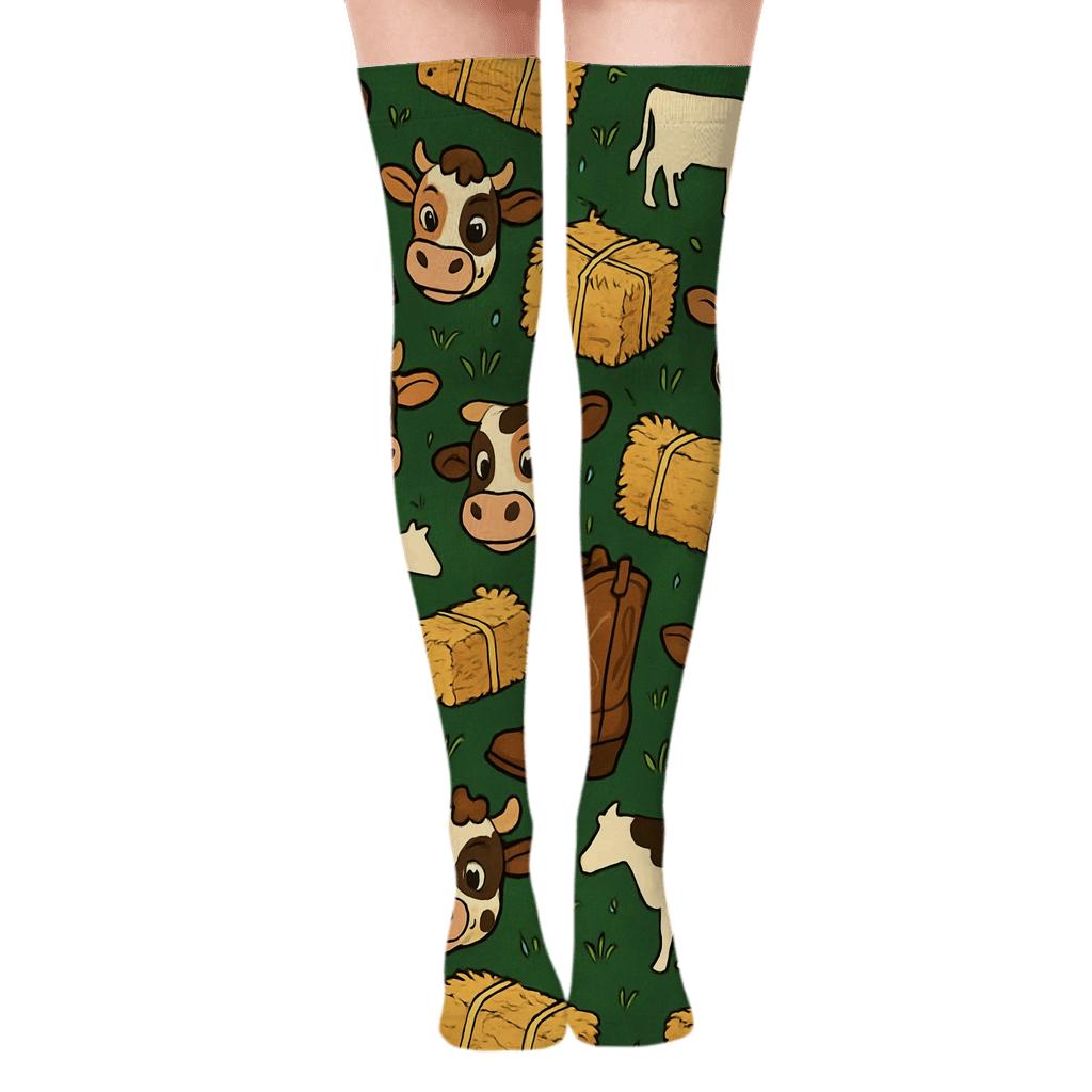 Boots and Hay Pattern with Cow Over-the-Knee Socks