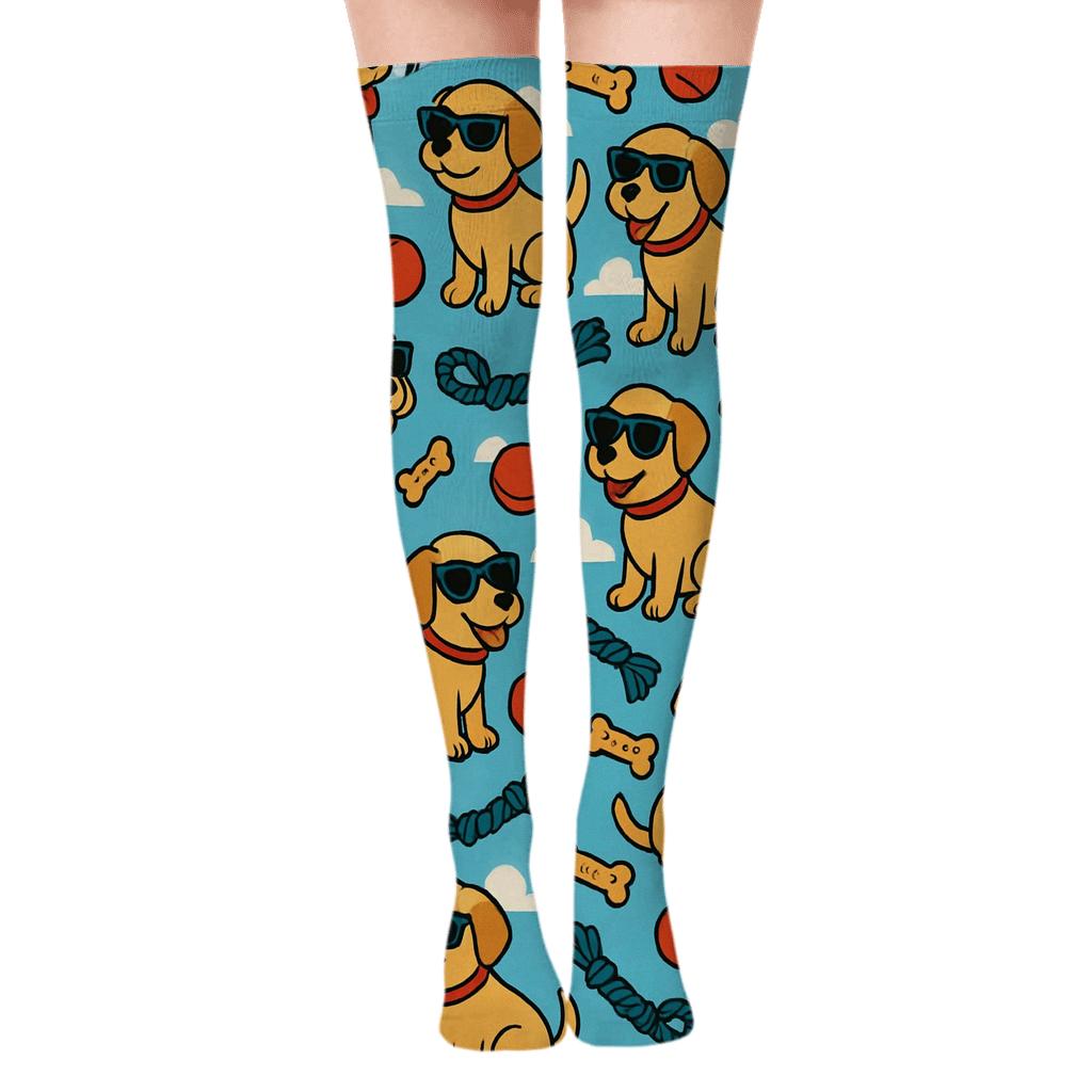 Dog Park Party Collage with Sky Blue Grid Over-the-Knee Socks