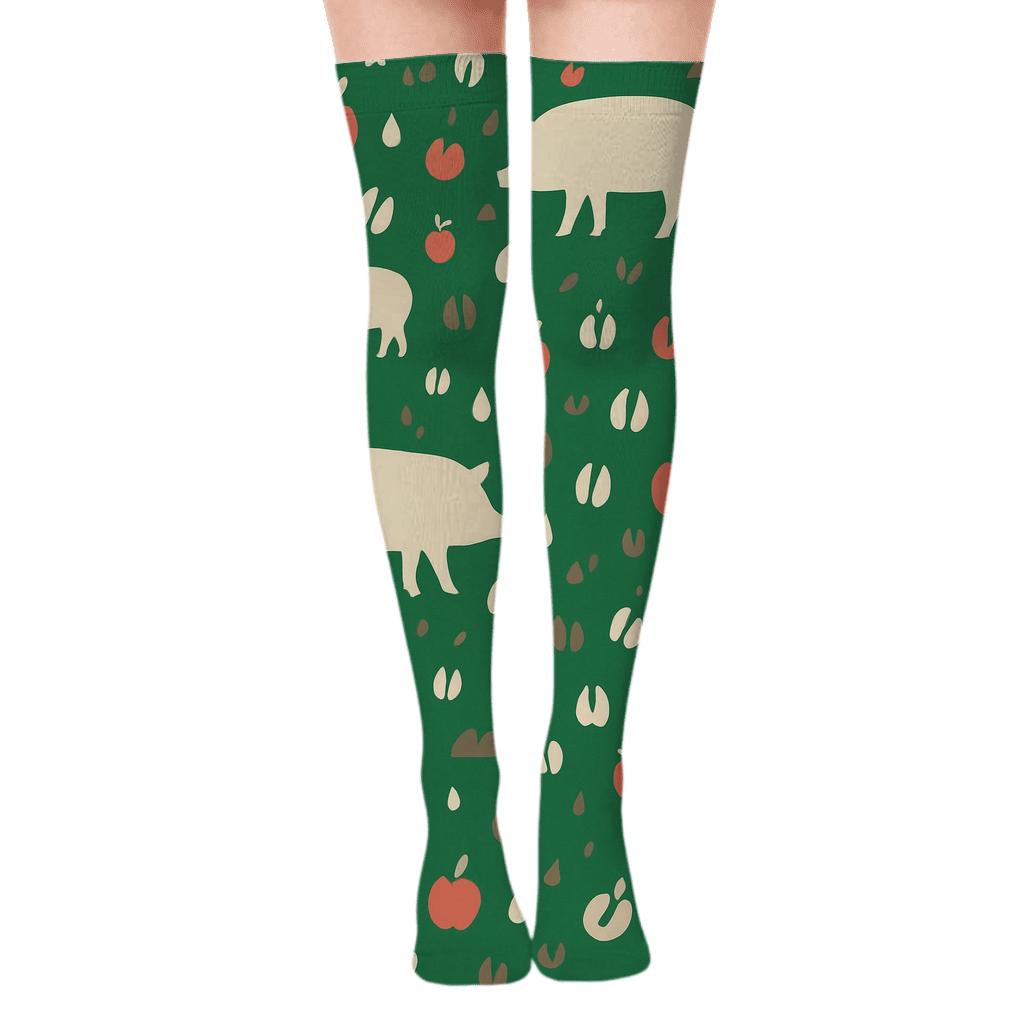 Barnyard Tiling with Pig Silhouettes Over-the-Knee Socks