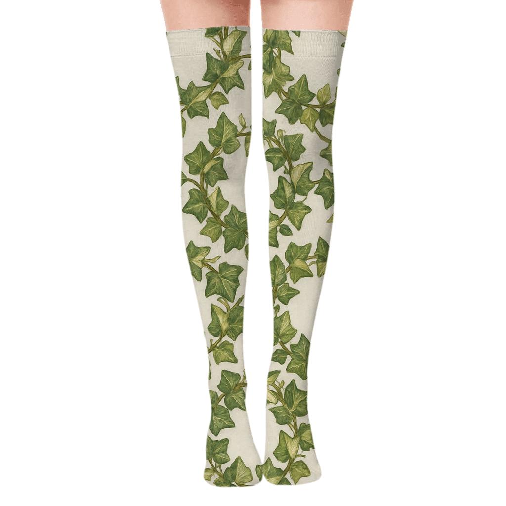 Variegated Ivy Wreath Medallions on Pale Cream Over-the-Knee Socks