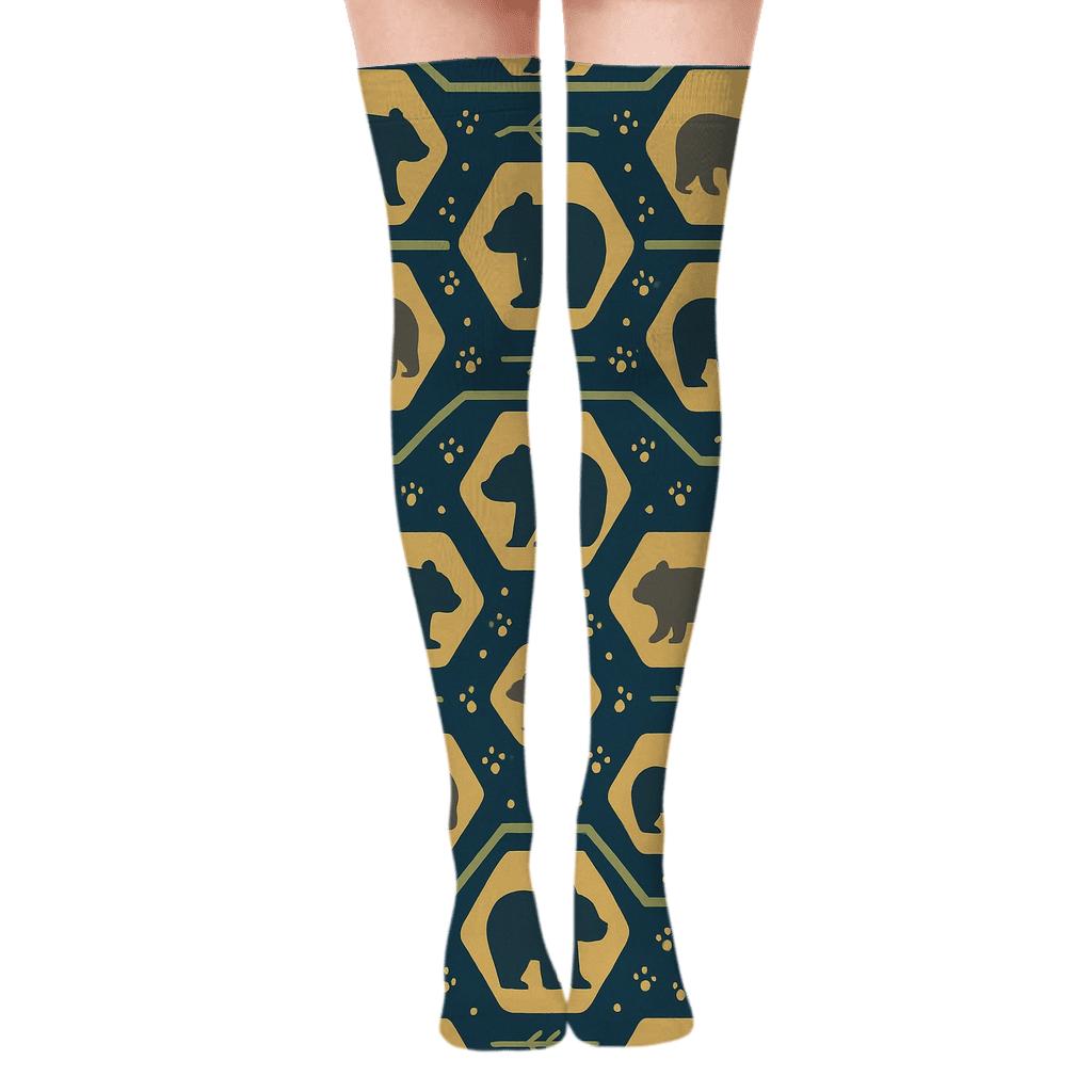 Honey Lattice with Bear Silhouettes Over-the-Knee Socks
