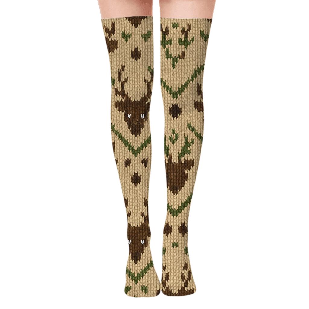 Knit Illusion Pattern with Deer Motifs Over-the-Knee Socks